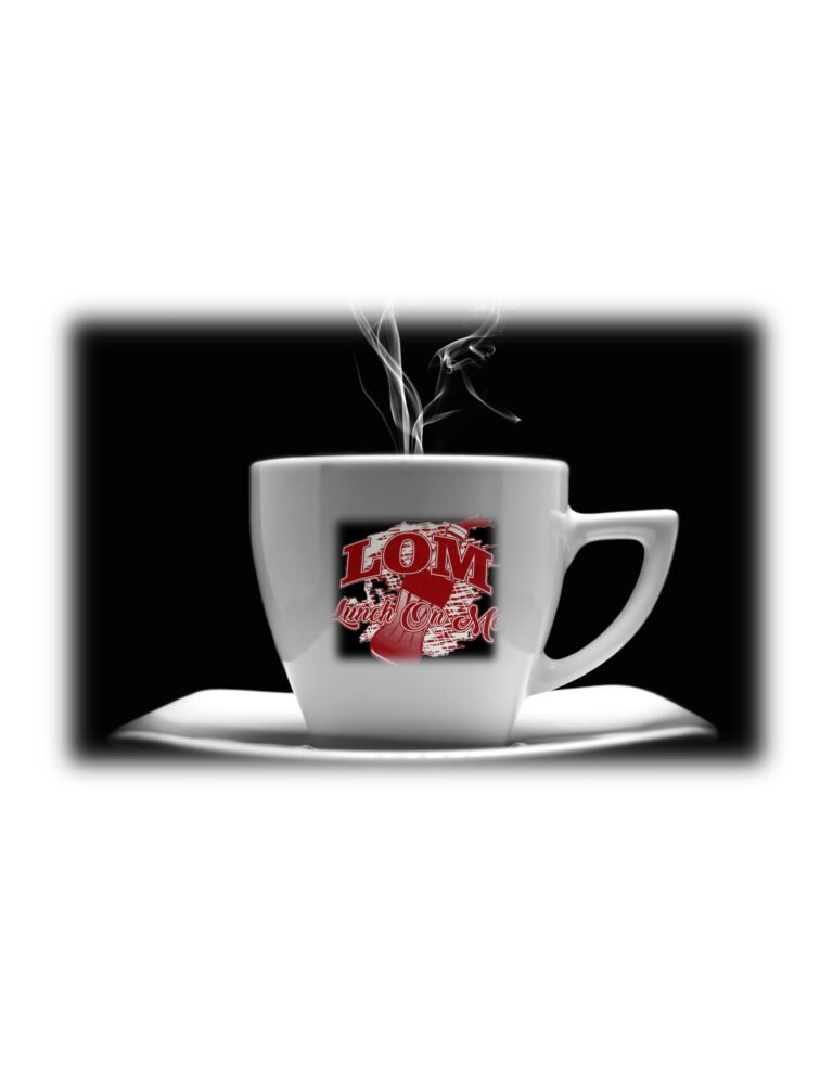 LOM white coffee mug with black logo